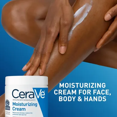 Communicates that this CeraVe moisturizing cream is versatile and can be used on multiple body areas (face, body, and hands) to hydrate and restore the skin barrier.