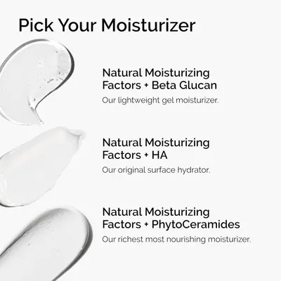 Helps shoppers choose between three different moisturizer formulations from the same brand by showcasing the product lineup with key ingredient differentiators and texture descriptions.