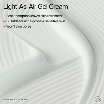 Communicates three distinct benefits of the gel cream: quick absorption for refreshed skin, suitability for acne-prone and sensitive skin types, and non-pore-clogging properties to reassure shoppers…