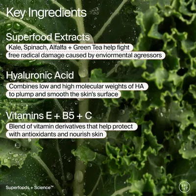Communicates the key ingredients in the product and their specific benefits for skin health, including antioxidant protection, hydration, and nourishment.