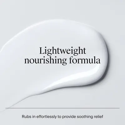 Communicates that the product has a lightweight, nourishing texture that rubs in effortlessly to provide soothing relief, reassuring shoppers about ease of application and comfort.