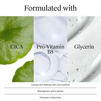 Communicates the key ingredients in the product formulation and their combined benefits: calming and soothing skin, strengthening skin's barrier, and intense moisturization.