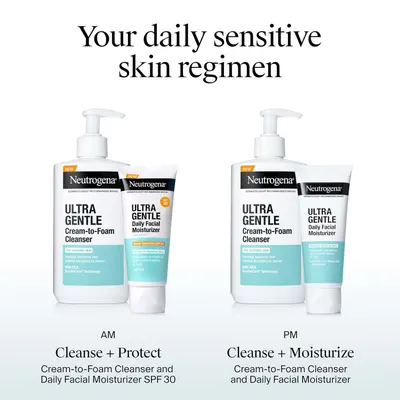 Educates shoppers on how to use the product line as part of a daily sensitive skin regimen, showing the recommended AM and PM routines for cleansing, protecting, and moisturizing. Communicates the…