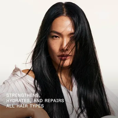 Communicates three distinct product benefits (strengthening, hydration, and repair) while emphasizing versatility for all hair types to reassure shoppers of comprehensive hair care.