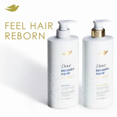 Showcases the Dove Intensive Repair product line (shampoo and conditioner) while reinforcing the brand's emotional messaging 'Feel Hair Reborn' to build brand identity and help shoppers understand…