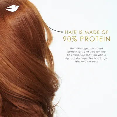 Communicates the scientific fact that hair is made of 90% protein to establish the product's relevance and educate shoppers about why protein-based hair care is important for preventing damage.…