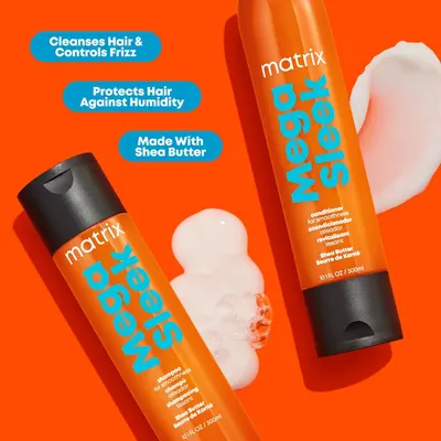 Communicates three distinct product benefits in a segmented layout to show shoppers the multiple advantages of using this Matrix Mega Sleek hair care product.