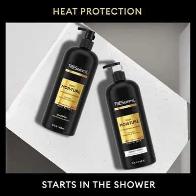 Communicates that the TRESemmé Rich Moisture shampoo and conditioner provide heat protection for hair, reassuring shoppers that the product protects against styling damage starting from the shower.