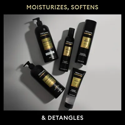 Displays the TRESemmé product lineup to help shoppers understand the brand's range of hair care options, including moisture and hold products, while communicating the key benefits of moisturizing,…