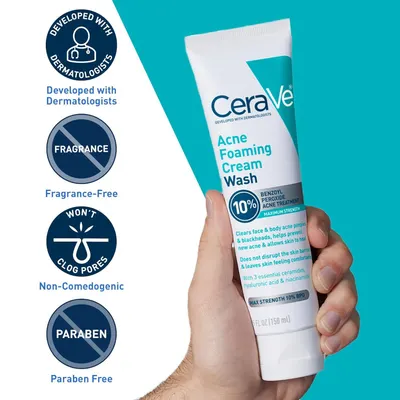 Communicates multiple product benefits and safety features in a segmented layout to reassure shoppers that the acne wash is dermatologist-approved, gentle, and free from potentially harmful or…