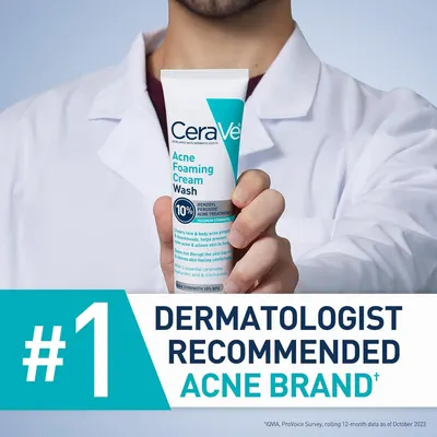 Communicates professional endorsement and market leadership by highlighting that CeraVe is the #1 dermatologist-recommended acne brand, building credibility and trust with shoppers.