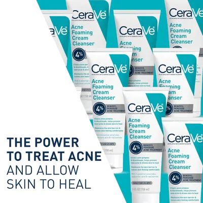 Showcases the CeraVe Acne Foaming Cream Cleanser product line and reinforces the brand's dermatologist-developed positioning with the tagline 'The Power to Treat Acne and Allow Skin to Heal.'