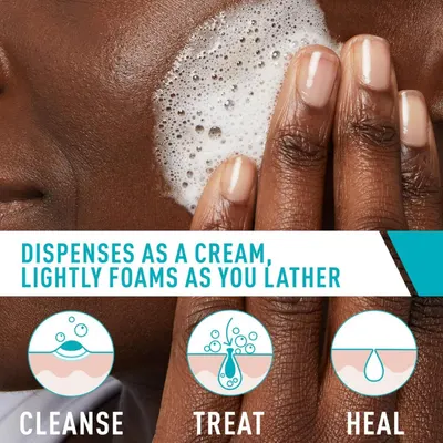 Communicates the product's three-in-one functionality (cleanse, treat, heal) and its unique cream-to-foam transformation to show shoppers the comprehensive skincare benefits in a single product.