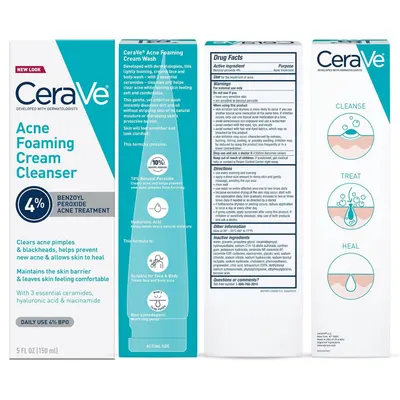 Communicates multiple distinct benefits of the acne treatment product in a visually segmented layout, showing how it cleanses, treats, and heals acne while maintaining skin health.
