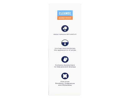 Communicates multiple key benefits of the cleanser in a vertically segmented layout, showing it removes impurities, minimizes pores, moisturizes, and is free from harmful ingredients.