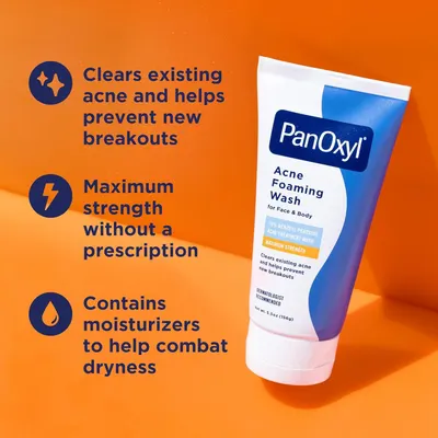 Communicates three distinct product benefits in a segmented layout with icons to show the product treats existing acne, offers maximum OTC strength, and includes moisturizers to prevent dryness.