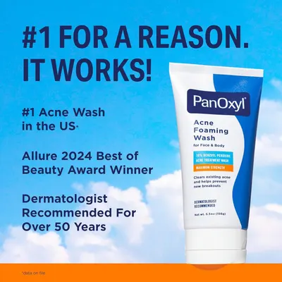 Establishes credibility and trust by highlighting that PanOxyl is the #1 acne wash in the US, won an Allure 2024 Best of Beauty Award, and has been dermatologist recommended for over 50 years.