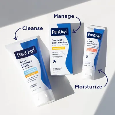 Demonstrates a simple 3-step acne care routine (Cleanse, Manage, Moisturize) to educate shoppers on how to use the product line together for optimal results. Showcases the PanOxyl product portfolio…