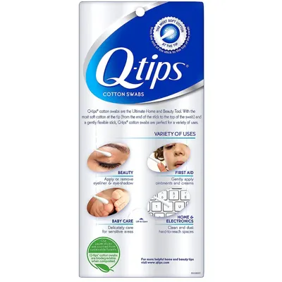 Demonstrates the versatility of Q-tips cotton swabs by showing four distinct use cases: beauty application, first aid, baby care, and cleaning electronics, reassuring shoppers that this product…