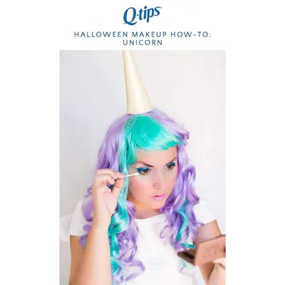 Demonstrates how to apply makeup for a unicorn Halloween costume, showing the product (Q-tips) in use during the makeup application process. Promotes the Q-tips brand through seasonal Halloween…