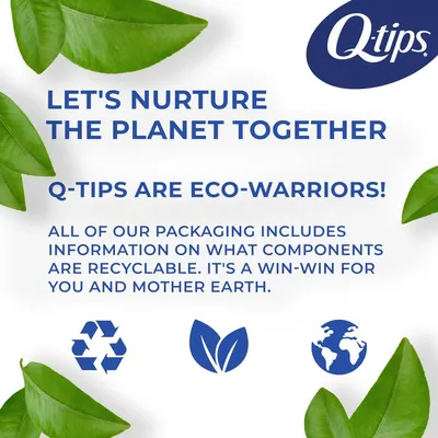 Communicates the brand's environmental responsibility by highlighting that Q-tips packaging includes recyclable components, reassuring eco-conscious shoppers. Reinforces Q-tips brand identity and…