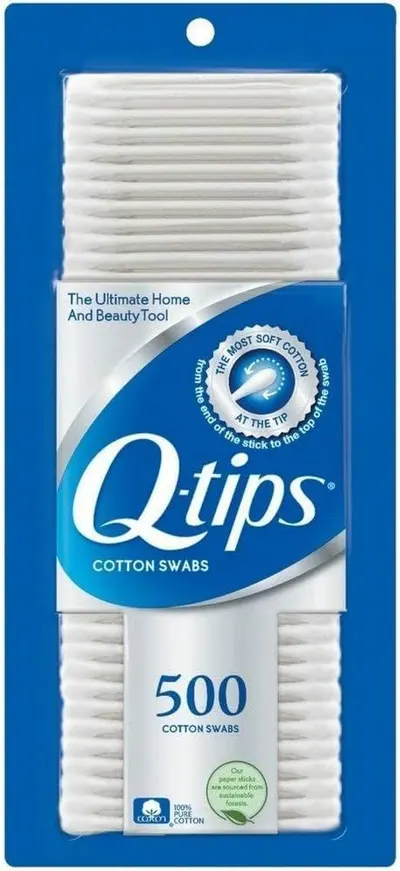 Displays the Q-tips cotton swabs product in its retail packaging on a clean white background, providing a clear catalog-style view of what the customer will receive.