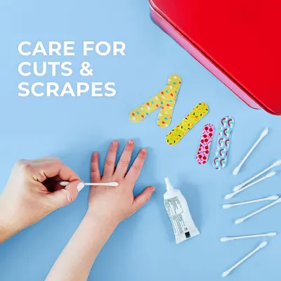 Communicates that the product (bandages and first aid supplies) is designed to care for minor injuries like cuts and scrapes, reassuring parents and caregivers of its practical use.