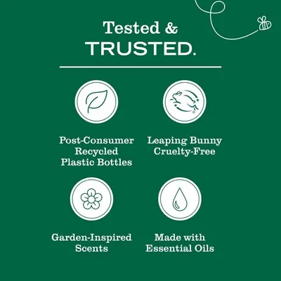 Communicates multiple brand values and product attributes in a segmented layout to reassure shoppers about sustainability, ethical sourcing, and natural ingredients.