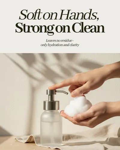 Communicates that the product delivers powerful cleaning performance while being gentle and moisturizing on hands, leaving no residue behind.