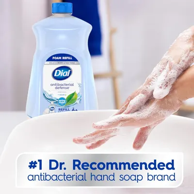 Communicates that Dial is the #1 doctor-recommended antibacterial hand soap brand, building trust and credibility through professional endorsement while showing the product in use.