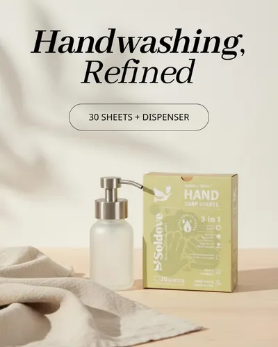 Shows the customer exactly what they receive in the package: hand soap sheets in a box plus a reusable dispenser bottle, clarifying the complete kit contents. Communicates the elevated, premium…