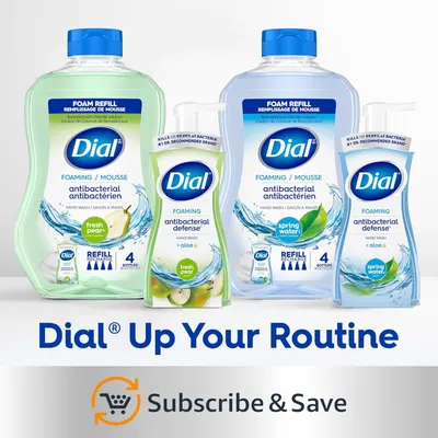 Showcases the Dial brand's product lineup with two scent variants (fresh pear and spring water) and promotes the Subscribe & Save convenience program to encourage recurring purchases.