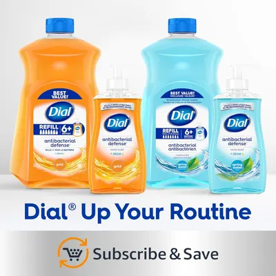 Showcases the Dial brand's product lineup (refill bottles and hand soap in multiple scents) while promoting the Subscribe & Save convenience program to encourage recurring purchases.
