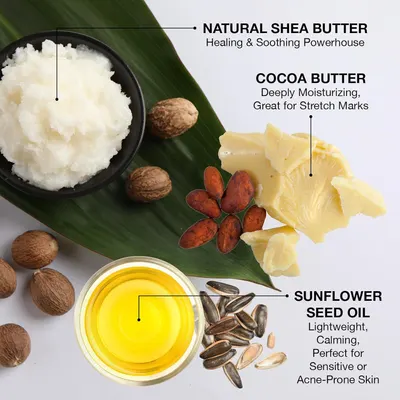 Breaks down the key ingredients in the product, highlighting their individual benefits (healing, moisturizing, calming) to educate shoppers about what makes the formula effective.