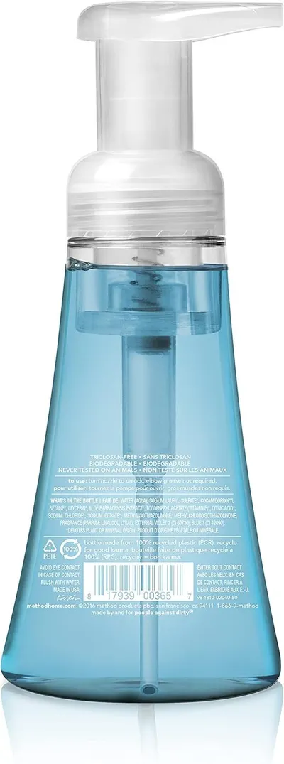 Provides a clean, catalog-style view of the foaming soap dispenser bottle showing the product design, pump mechanism, and blue liquid contents without distractions.