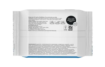 Provides clear step-by-step visual instructions on how to properly use the makeup remover wipes, showing the process of wiping face with the towelette. Displays environmental certifications and…