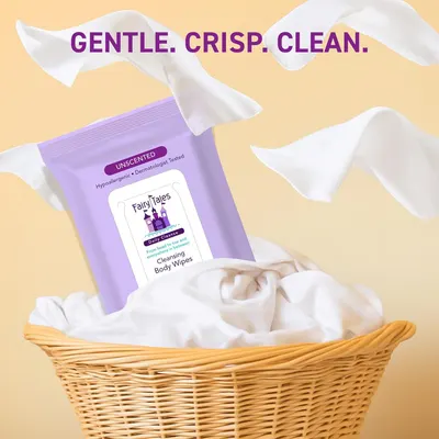 Communicates the product's three key benefits—gentle on skin, crisp feel, and clean results—to reassure shoppers of a pleasant, effective cleansing experience.