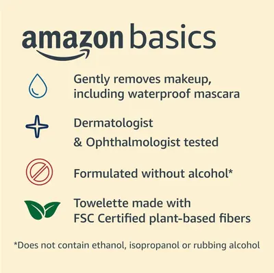 Communicates multiple key benefits of the Amazon Basics makeup remover product in a segmented layout, highlighting gentleness, professional testing, safe formulation, and eco-friendly materials to…