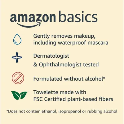 Communicates multiple key benefits of the Amazon Basics makeup remover product in a segmented layout to reassure shoppers about gentleness, safety, formulation, and sustainability.