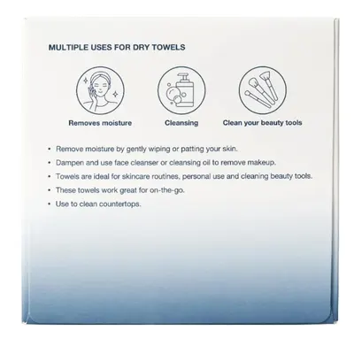 Demonstrates the versatility of dry towels by showing multiple use scenarios including skincare, cleansing, and beauty tool cleaning to communicate the product's multi-functional value.