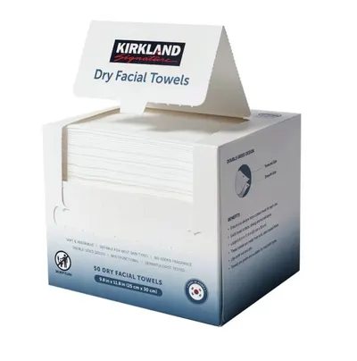 Displays the Kirkland Signature Dry Facial Towels product in its retail packaging on a clean white background, allowing shoppers to see exactly what they will receive.