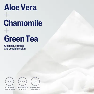 Highlights three key natural ingredients and their combined benefits—cleansing, soothing, and conditioning—to reassure shoppers of the product's gentle, multi-benefit skincare formula.