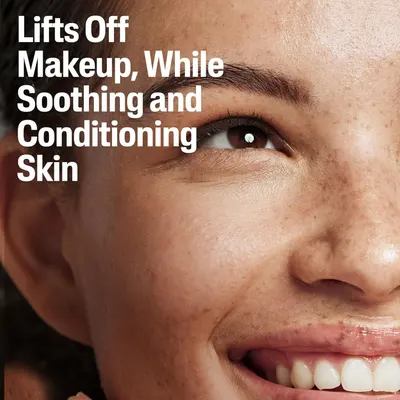 Communicates that the product effectively removes makeup while simultaneously soothing and conditioning the skin, positioning it as a gentle yet effective skincare solution.