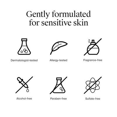 Communicates that the product is gently formulated for sensitive skin by highlighting six distinct safety and formulation benefits in a segmented icon grid layout.