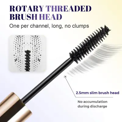Highlights the physical design features of the mascara brush, including the rotary threaded brush head, slim 2.5mm diameter, and anti-clumping structure to communicate precision and clean application.