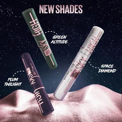Showcases the brand's new mascara shade options (Plum Twilight, Green Altitude, Space Diamond) to help shoppers explore the product line and choose their preferred color variant.