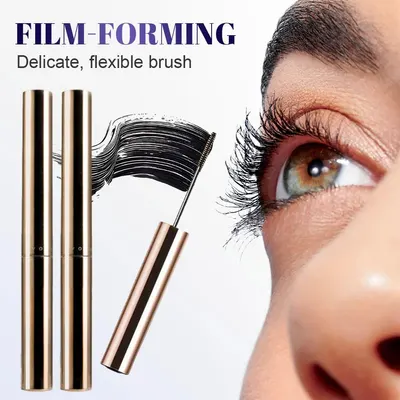 Highlights the mascara's delicate, flexible brush design that creates a film-forming effect for enhanced lashes, reassuring shoppers of precise application and quality results.