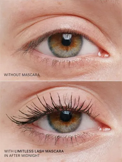 Demonstrates the dramatic transformation and volumizing effect of the mascara by showing the same eye before and after application, proving the product's effectiveness at enhancing lashes.