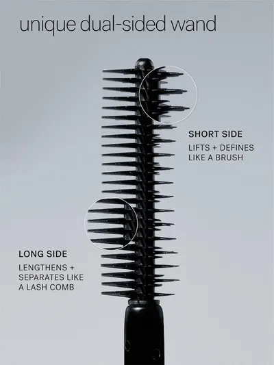 Breaks down the physical structure of the mascara wand to show shoppers how each side serves a different styling function, helping them understand the unique dual-sided design.