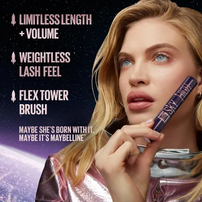 Highlights three distinct product benefits (length/volume, weightless feel, and brush technology) to communicate the mascara's comprehensive performance features and encourage purchase.
